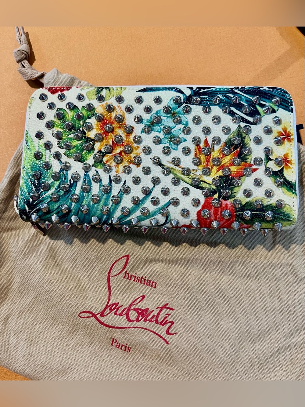Christian Louboutin Panettone Spike Zip Wallet in Hawaii Print
Crackled Calfskin